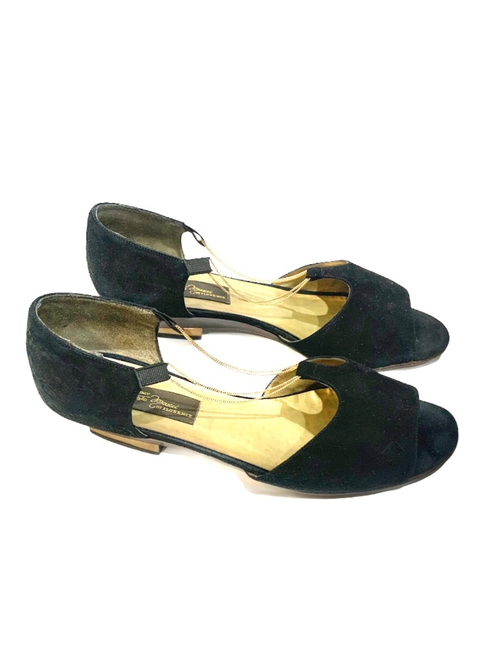 Sesto Meucci Vintage Black Suede Ballet Flats Gold Chain Gold Metal Heel D’orsay